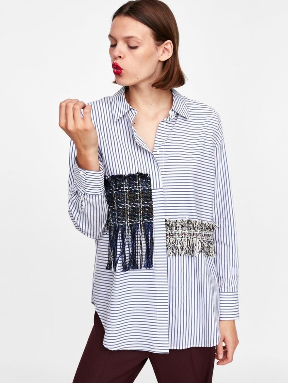 Zara Oversized Striped with tweed patch shirt Size Small